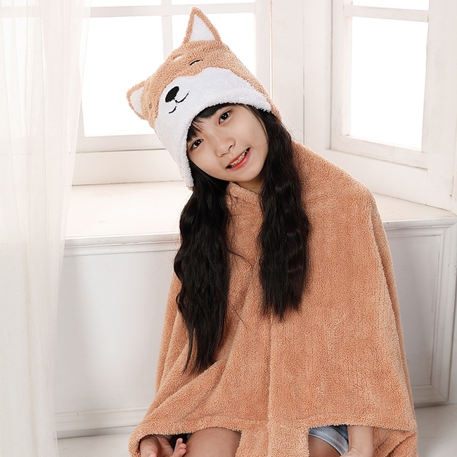 【MORINO摩力諾】超細纖維動物造型速乾兒童罩袍浴帽組合(柴犬)