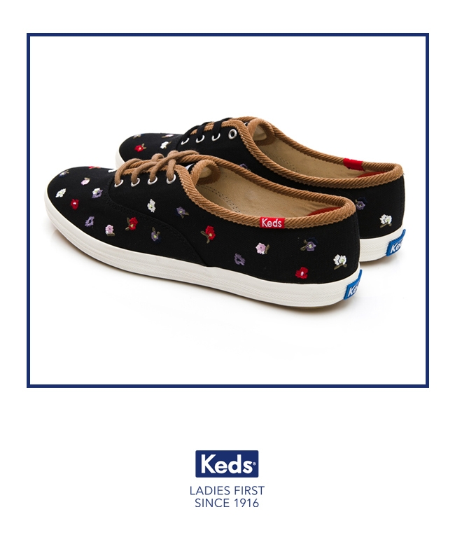 Keds CHAMPION 刺繡小碎花綁帶休閒鞋-黑