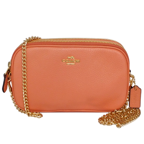 COACH粉橘荔枝紋全皮鍊帶雙層斜背小包