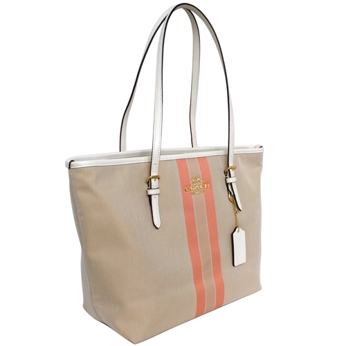 COACH淺卡撞色粉橘直紋帆布肩背托特包