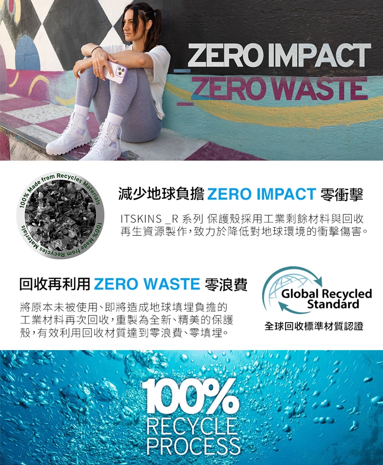 MaterialsRecyclesMaterials100% MadeZERO IMPACTZERO WASTE減少地球負擔ZERO IMPACT 零衝擊ITSKINS_R 系列保護殼採用工業剩餘材料與回收再生資源製作致力於降低對地球環境的衝擊傷害。回收再利用 ZERO WASTE 零浪費將原本未被使用,即將造成地球填埋負擔的工業材料再次回收,重製為全新精美的保護殼,有效利用回收材質達到零浪費、零填埋。Global RecycledStandard全球回收標準材質認證100%RECYCLEPROCESS