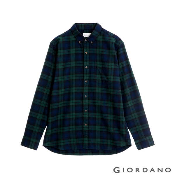 GIORDANO 男裝法蘭絨溫暖磨毛長袖襯衫-28 寶藍/綠格紋