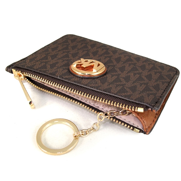 MICHAEL KORS Fulton金字圓標滿版Logo窗型多卡零錢鎖圈包(咖啡橡果色)