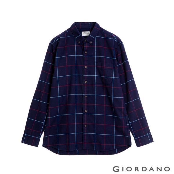 GIORDANO 男裝法蘭絨溫暖磨毛長袖襯衫-21 寶藍/紅/藍格紋