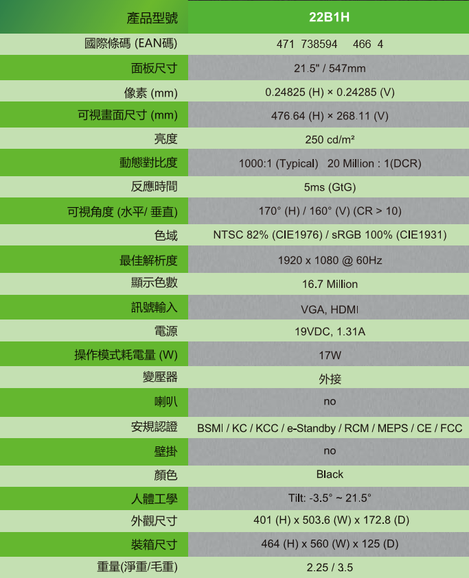 AOC22B1H 21.5吋(16:9) 液晶顯示器