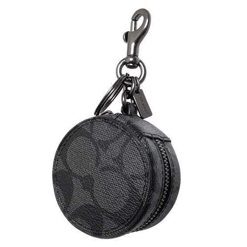 COACH灰黑C Logo雙扣環鑰匙圈圓盒零錢包