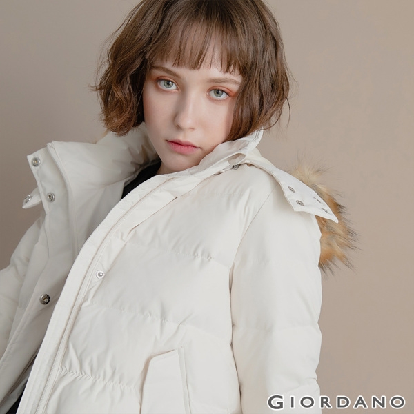 GIORDANO 女裝素色可拆式連帽羽絨外套 - 03 蘆筍白