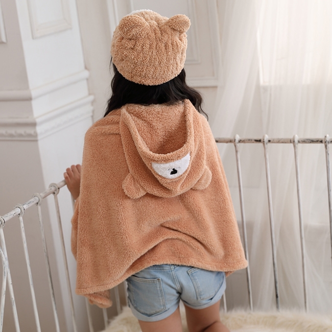 【MORINO摩力諾】超細纖維動物造型速乾兒童罩袍浴帽組合(小熊)