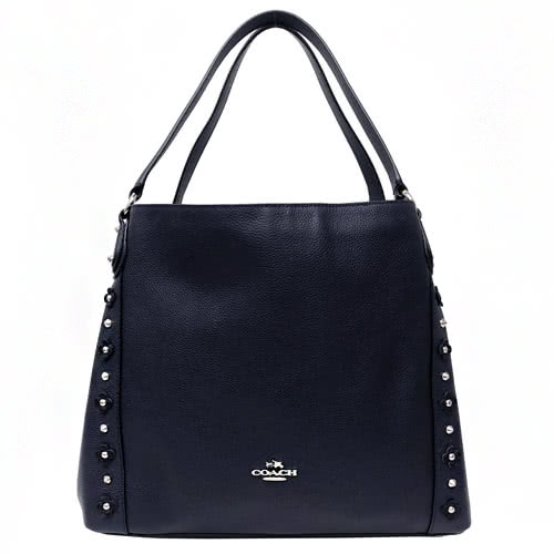 COACH 經典馬車立體花朵鉚釘多夾層肩背大托特賈姬包(深藍)