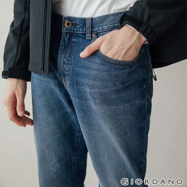 GIORDANO 男裝Old School刷色直筒牛仔褲 - 72 中藍