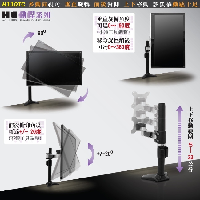 HE 鋁合金單節懸臂夾桌型螢幕支架 - H110TC (適用32吋以下LED/LCD)