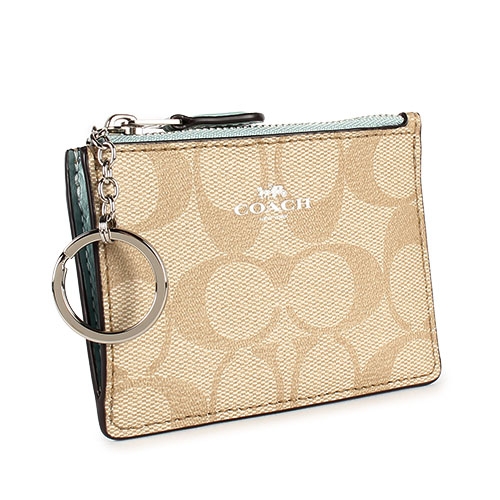COACH 經典滿版LOGO PVC撞色防刮皮革證件夾零錢鎖包-卡其/湖水綠
