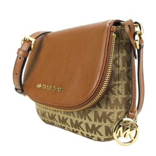MICHAEL KORS BEDFORD 滿版織布牛皮馬鞍包-咖