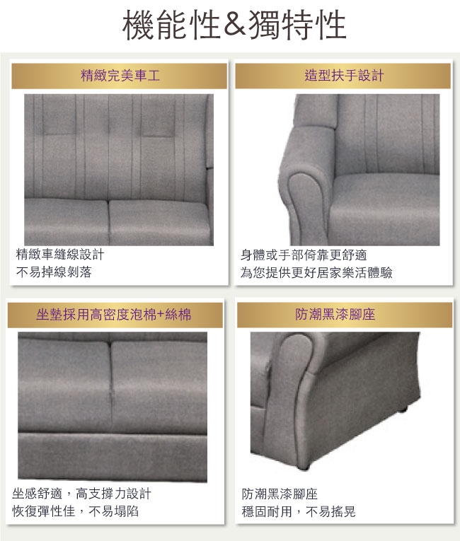 綠活居 雷凱 時尚灰亞麻耐磨皮革沙發椅組合(1+2+3人座)