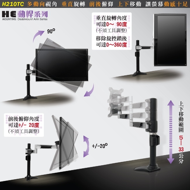 HE 鋁合金雙節懸臂夾桌型螢幕支架 - H210TC (適用32吋以下LED/LCD)