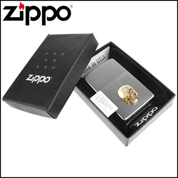 ZIPPO 美系~Gold Skull-骷髏之翼-施華洛世奇水晶貼飾打火機