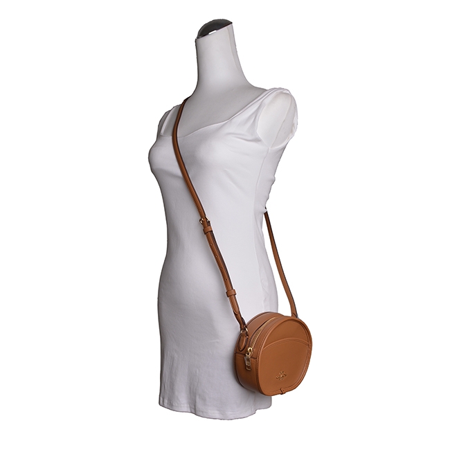 COACH立體馬車全牛皮圓型斜背包-焦糖棕