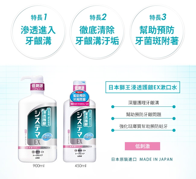 日本獅王LION 浸透護齦EX漱口水 低刺激 900ml x2入組 (贈無隱角中小頭牙刷x2)