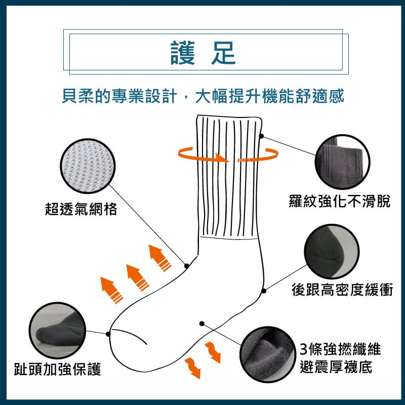 貝柔機能抗菌萊卡除臭襪-氣墊長襪_黑色