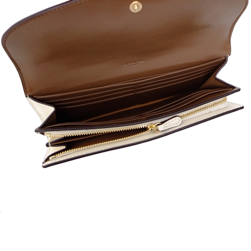 COACH米白真皮貼花拼接C Logo釦式雙摺長夾