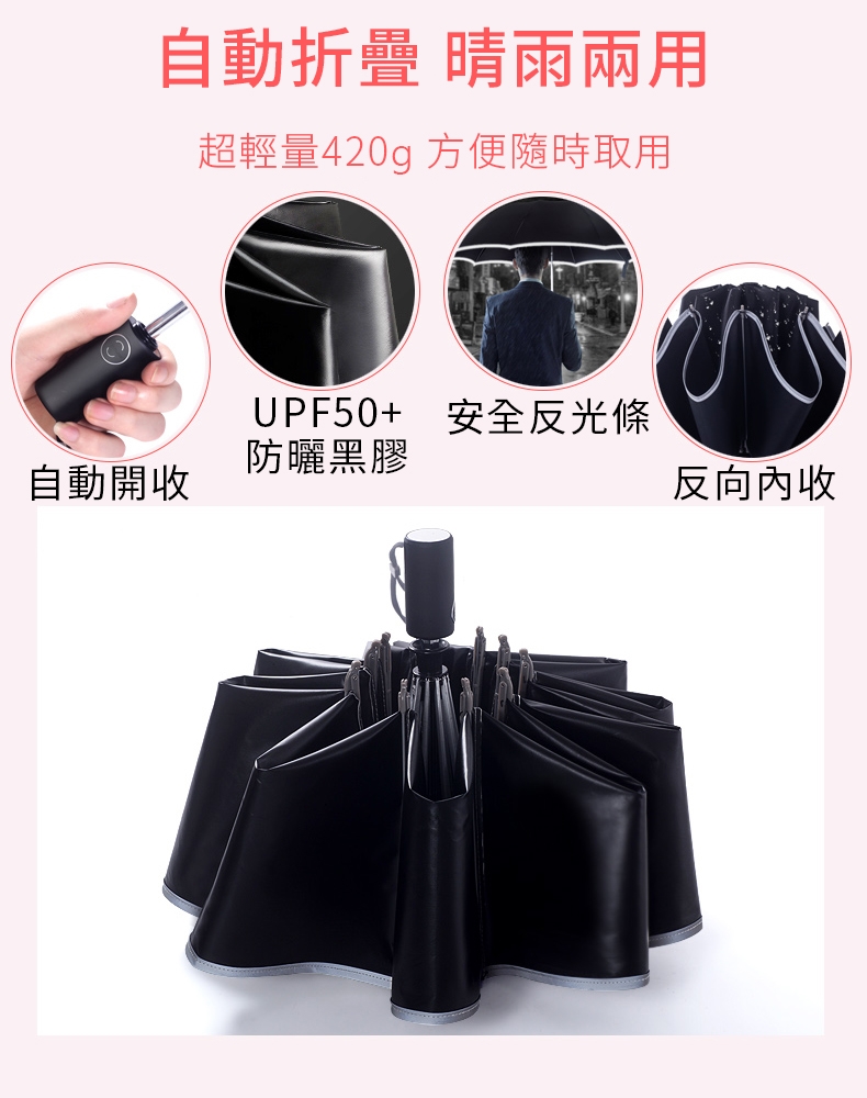 Lufy極度防曬 UPF50+體感降溫 安全反光條反向傘 超輕十骨防風自動晴雨傘