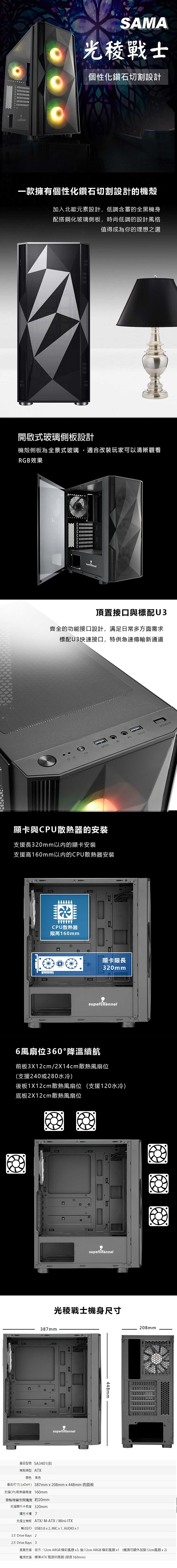 Superchannel 視博通 光稜戰士 ARGB 開啟式無打孔玻璃透側 電腦機殼