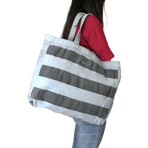 agnes b. 仿舊條紋托特包-灰