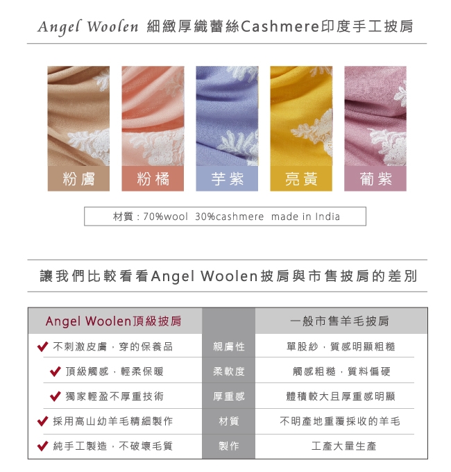 【ANGEL WOOLEN】細緻厚織蕾絲CASHMERE印度手工披肩(共五色)