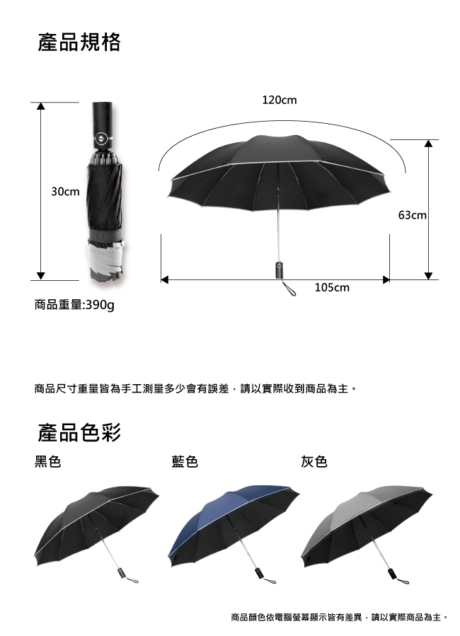 傘霸 10骨強化黑膠晴雨兩用反向折疊自動傘