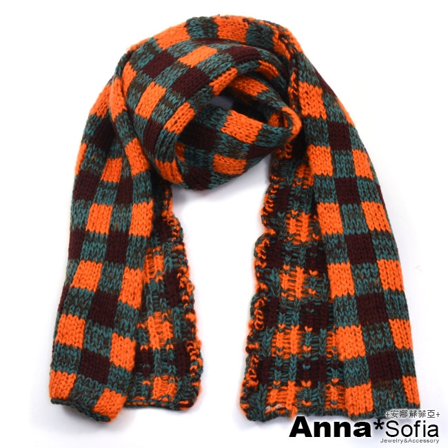 AnnaSofia 歐美交錯棋格 窄版針織小圍巾(橘灰綠系)