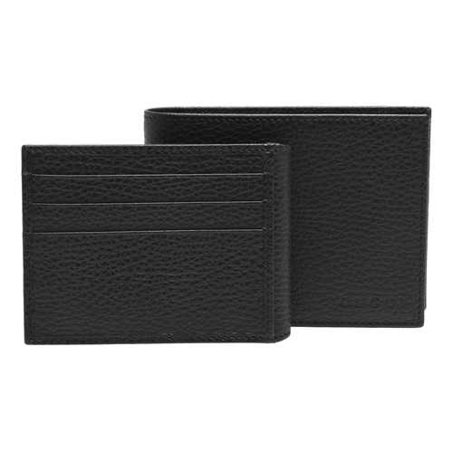 GUCCI 經典品牌字母烙印荔枝紋牛皮折疊短夾(黑-附活動式卡夾)