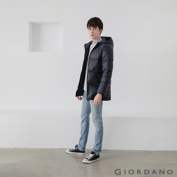 GIORDANO 男裝中長版連帽羽絨外套 - 01 標誌黑