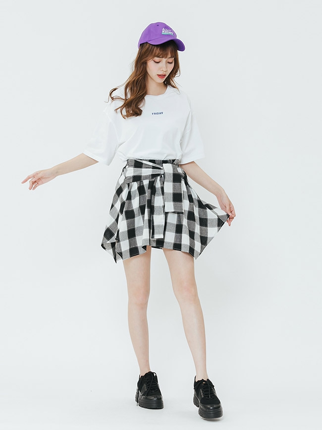 H:CONNECT 韓國品牌 女裝-綁結設計格紋短裙-黑