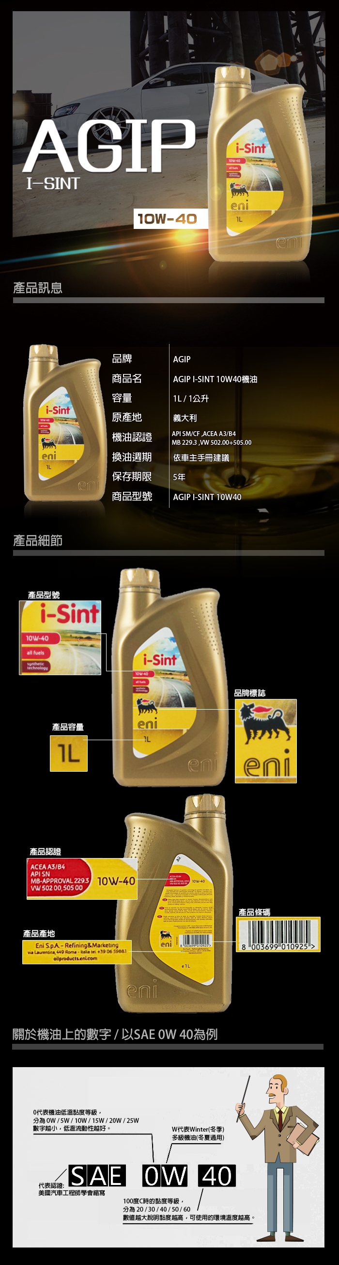 AGIP eni i-Sint 10W40 合成機油 12入