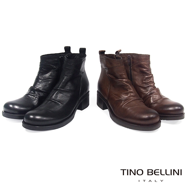 Tino Bellini義大利進口牛皮自然抓皺中跟短靴_黑