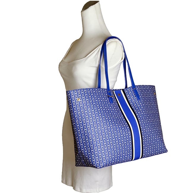 TORY BURCH GEMINI LINK TOTE 釦式縮口塗層帆布托特包-藍/大款