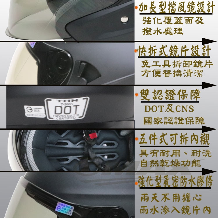 THH-T560S雙層遮陽鏡片3/4罩安全帽-平光黑