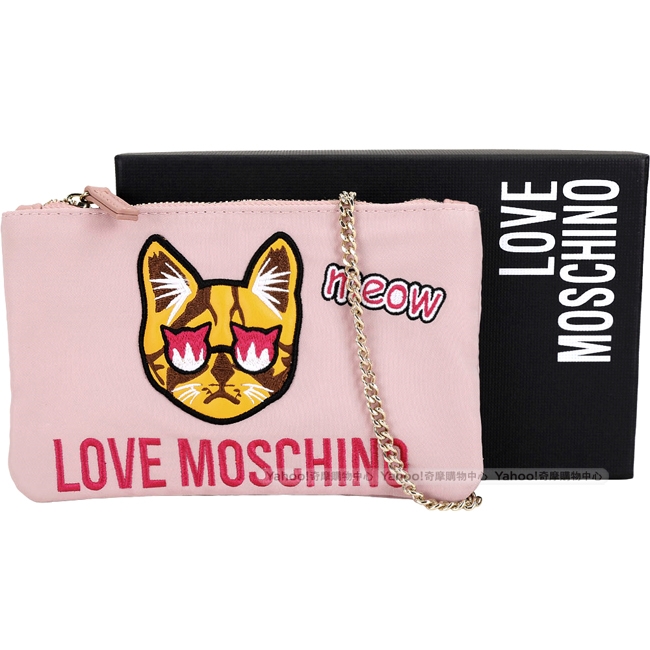 LOVE MOSCHINO 貓咪圖案尼龍手拿/鍊帶包(淺粉色)