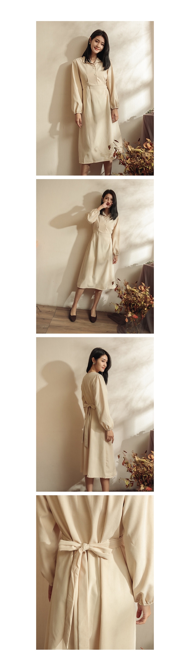 東京著衣-YOCO 復古魅力Ｖ領磨毛綁帶洋裝(共二色)
