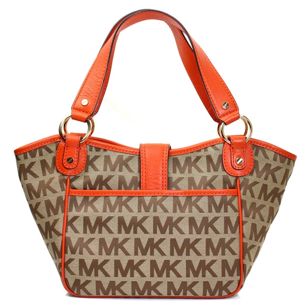 Michael Kors專櫃款 金屬扣環滿版MK字樣織布手提/肩背包(駝+橘)