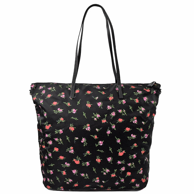 PRADA 三角LOGO小花朵圖案尼龍兩用購物包(黑)