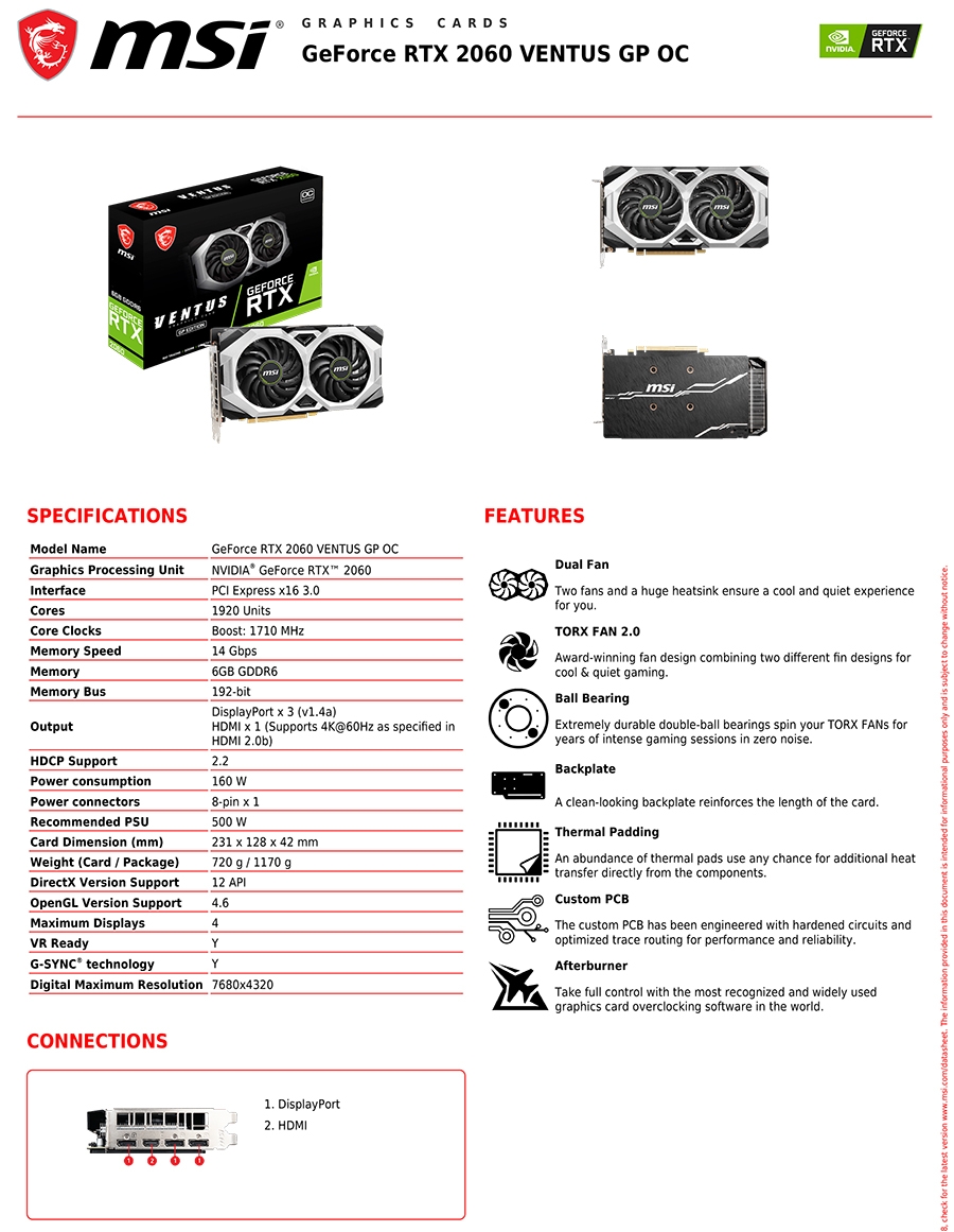 MSI 微星GeForce RTX 2060 VENTUS GP OC 顯示卡| RTX 2060/2060s