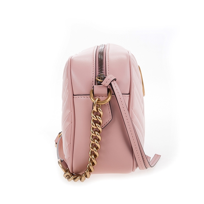 GUCCI 經典GG Marmont 復古風牛皮縫線拉鍊斜背包 (粉紅/中)