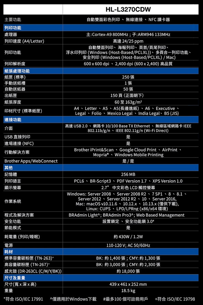 Brother HL-L3270CDW 彩色雙面雷射印表機+TN-267高容量四色碳粉匣組