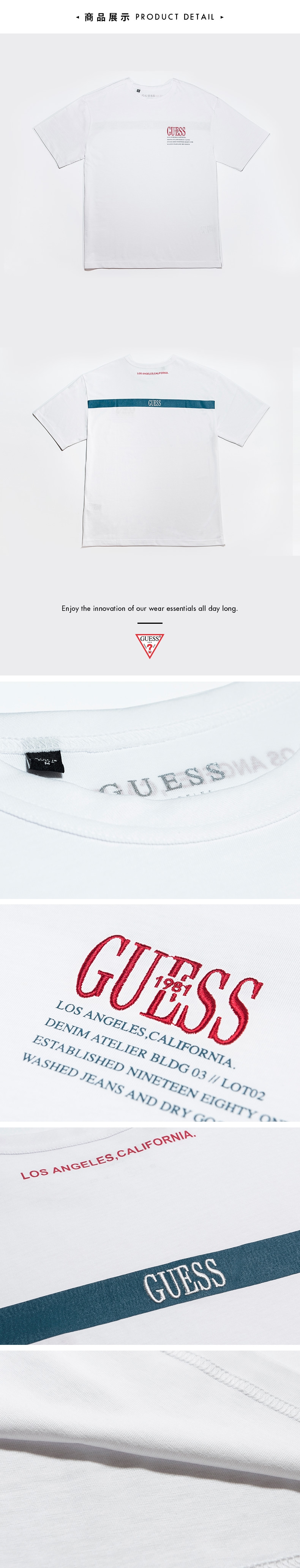 GUESS-男裝-刺繡LOGO圓領短T-白