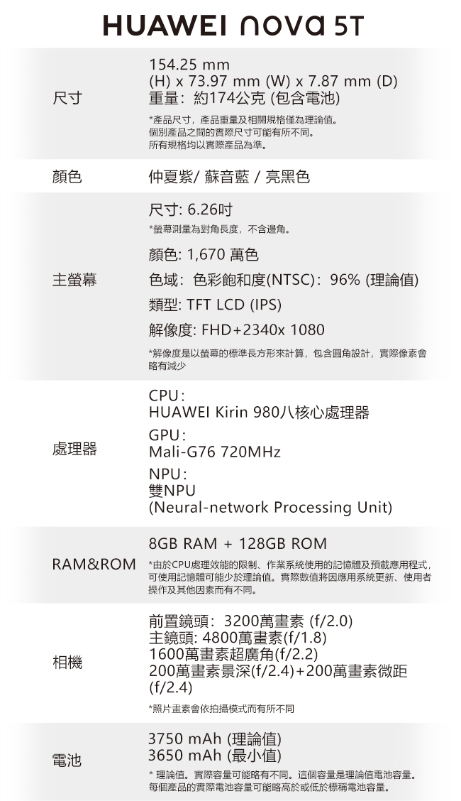 HUAWEI nova 5T (8G/128G) 6.26 吋八核心手機