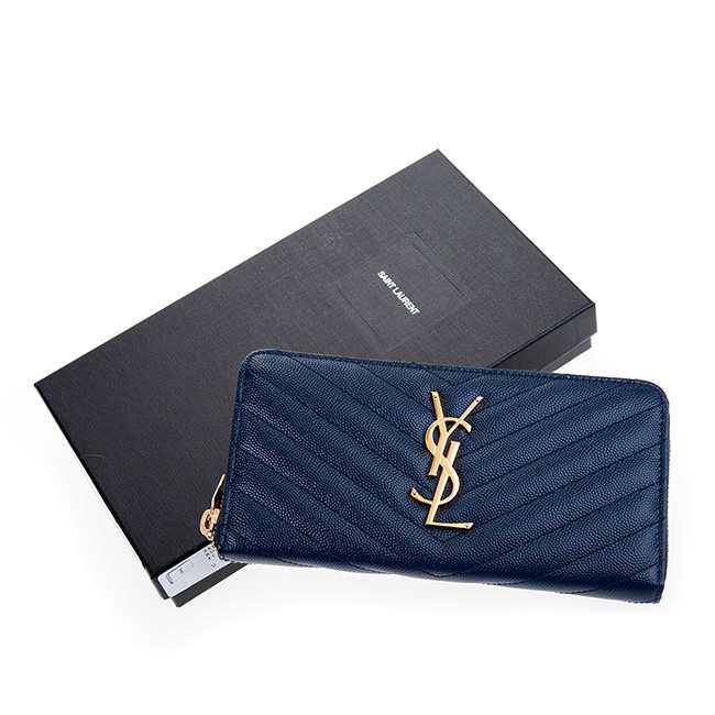 YSL Saint Laurent MONOGRAM 斜紋壓荔枝紋金釦拉鍊長夾 (深藍)