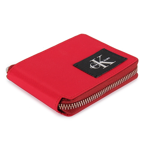Calvin Klein 尼龍表布拼接LOGO色塊拉鍊短夾禮盒贈CK帕巾(紅色)
