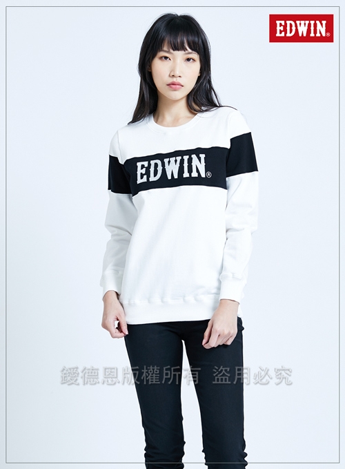 買一送一 EDWIN 剪接配色 厚長袖T恤-中性-白色