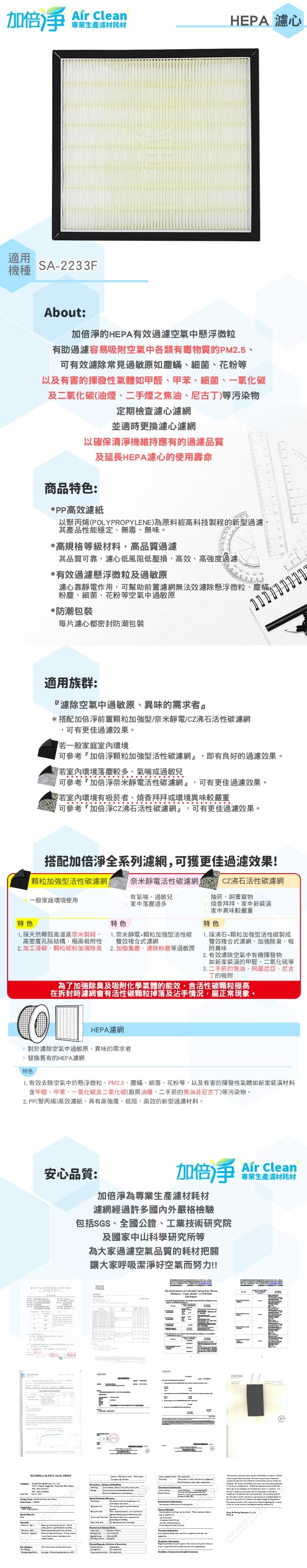 加倍淨適用HEPA濾網 適用尚朋堂SA-2233F清淨機2入 送濾網2片